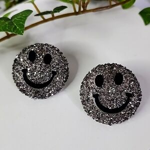 Silver Glittery Smiley Face Post Earrings